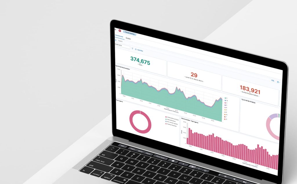 A laptop displaying a data analytics dashboard with multiple charts, including a line graph showing fluctuating trends, a bar chart comparing category values, and two donut charts illustrating proportional data. Large numerical metrics such as “374,675,” “29,” and “183,921” appear above the charts, indicating key performance indicators.